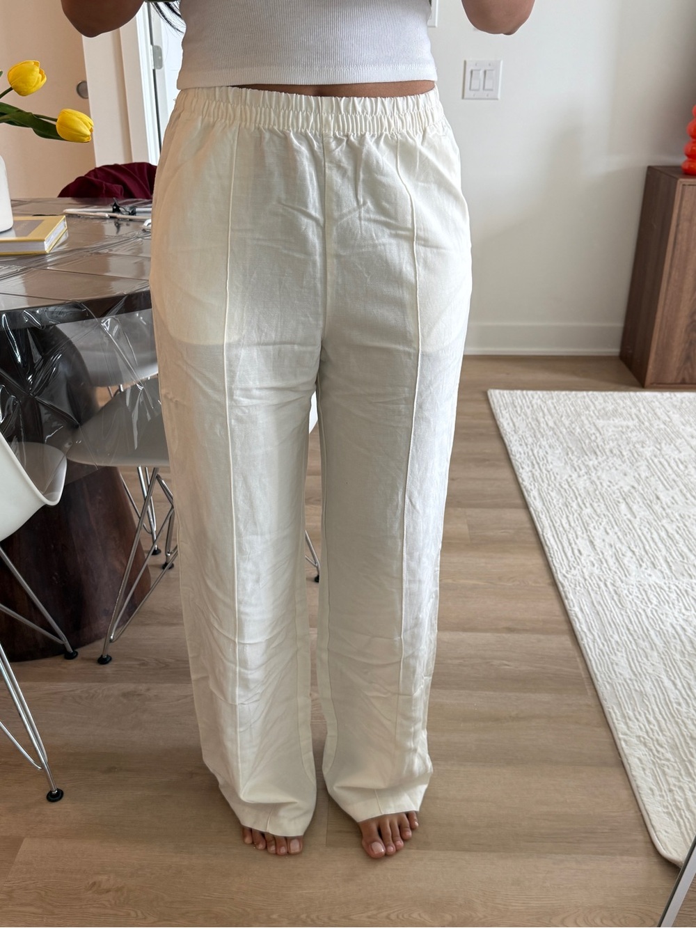 H&M Linen-Blend Pants in Soft Cream